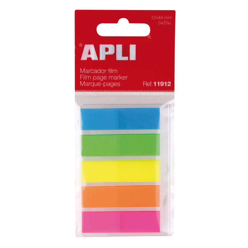Apli Indices Adhesivos Film 45x12mm 5 Colores Fluorescentes - 25 Indices Por Color - Facil De Pegar Y Despegar - Ideal Para Marcar Y Organizar - Practico Tamaño - Color Variado