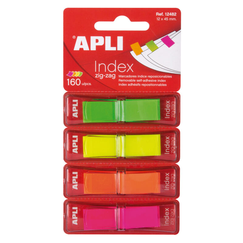 Apli Indices Adhesivos Film Zigzag 45x12mm 4 Dispensadores De 40 Indices - Faciles De Aplicar - Resistentes - Removibles - Colores Fluorescentes - Multicolor