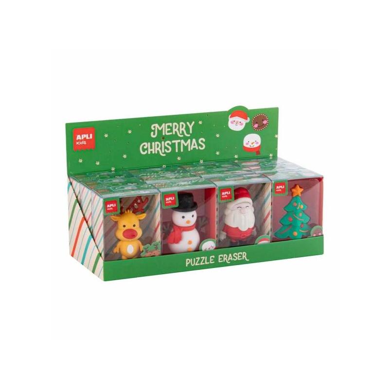 Apli Navidad Expositor Con 12 Gomas De Borrar Maxi - 4 Diseños Navideños Diferentes - Formato Puzzle -