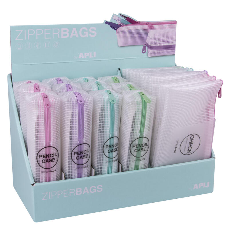 Apli Nordik Collection Expositor De Estuches Y Bolsas - 210x45x45mm Y 230x130mm - Goma Eva Translucida - Impermeable Y Duradero - Rosa, Violeta, Turquesa Y Verde Pastel