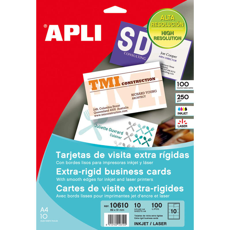 Apli Pack De 100 Tarjetas De Visita 250g - 10 Hojas Por 10 Trajetas - Cantos Rectos - Blanco Mate