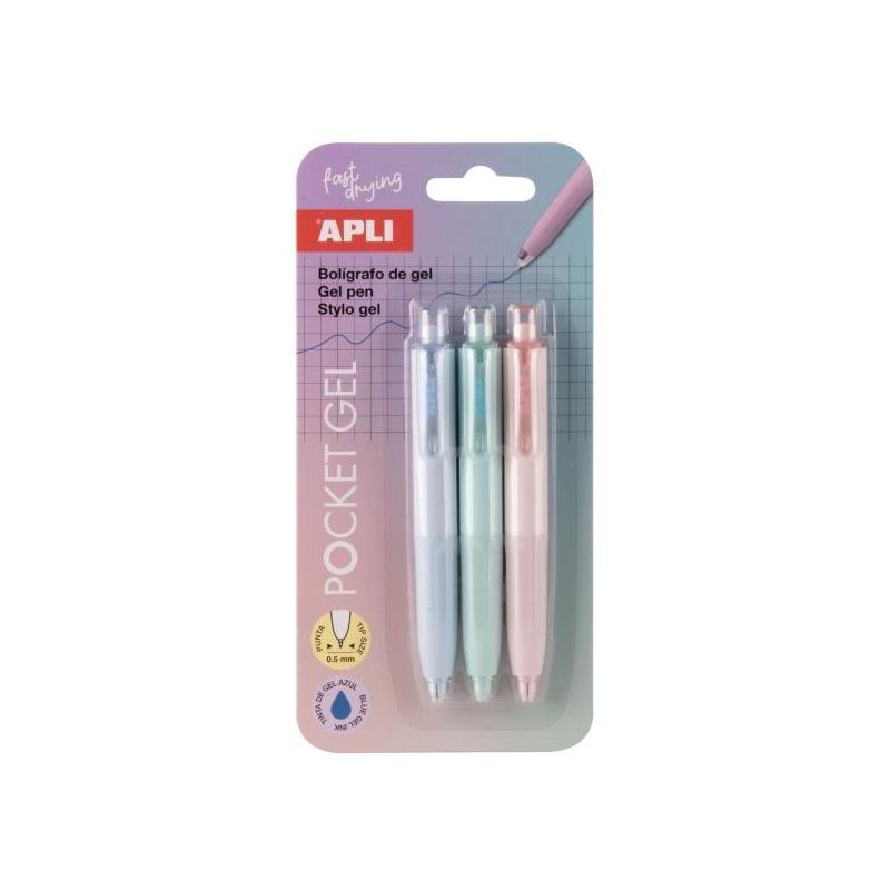 Apli Pocket Gel Blister De 3 Mini Boligrafos De Tinta Gel Retractiles - Tinta Color Azul - Cuerpo De Diferentes Colores