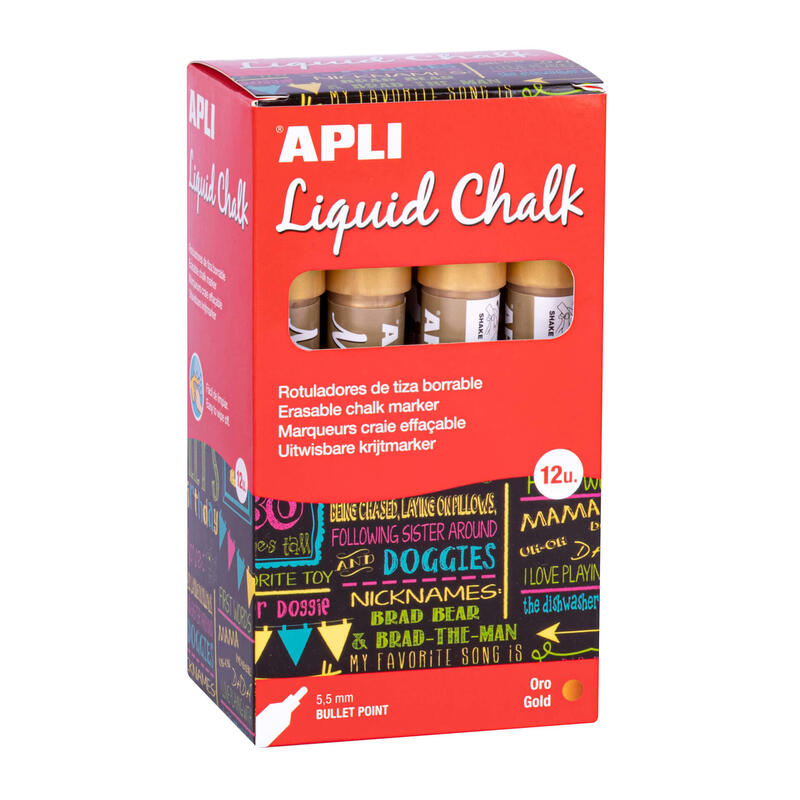 Apli Rotulador De Tiza Liquida Oro - Punta Redonda - Ideal Para Pizarras, Plastico, Ventanas, Ceramica, Vinilos, Metal, Etc - Facil De Borrar - Secado Rapido - Uso Sencillo - Base Agua Libre De Toxicos
