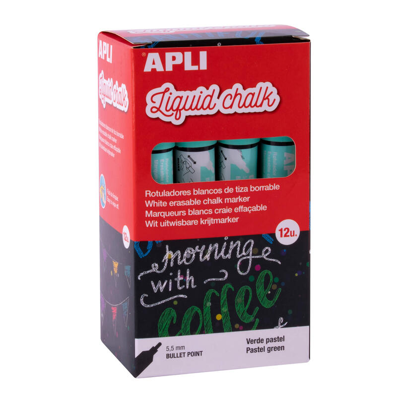 Apli Rotulador De Tiza Liquida Verde Pastel - Punta Redonda - Ideal Para Pizarras, Plastico, Ventanas, Ceramica, Vinilos, Metal, Etc - Facil De Borrar - Secado Rapido - Uso Sencillo