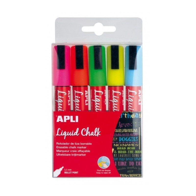Apli Rotulador Tiza Líquida Punta Redonda 5,5mm Colores Surtidos -Blister 5u-