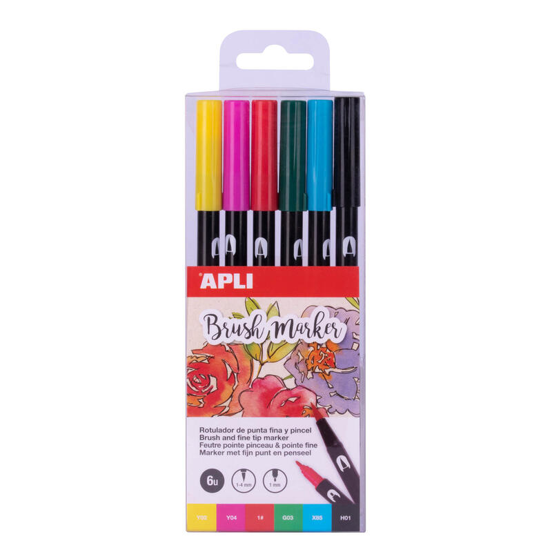 Apli Rotuladores Acuarelables De Doble Punta - Pincel De 1-4mm Y Punta Redonda De 1mm - Tinta Base Agua Inodora Y No Toxica - Mezclables Para Efecto Acuarela - Pack Surtido De 6 Colores