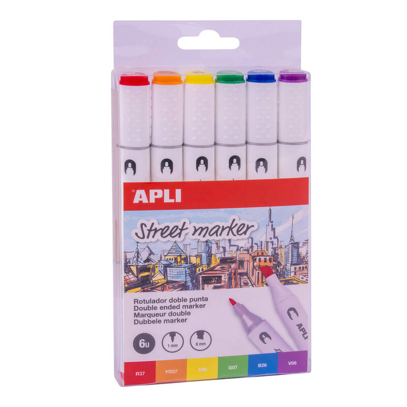 Apli Street Markers Rotuladores De Doble Punta - Puntas De 1mm Y 6mm - Tinta De Base Alcohol - Multifuncionales Para Dibujar, Pintar Y Colorear - Pack Surtido De 6 Colores