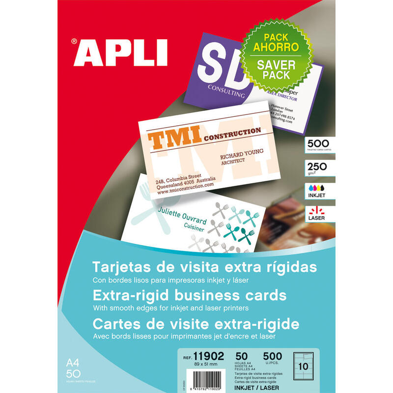 Apli Tarjetas De Visita Cantos Rectos Mate 250g 50 Hojas