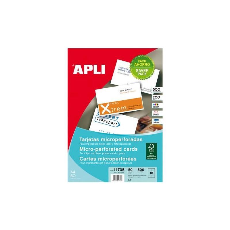 Apli Tarjetas Visita Blanco Para Inkjet, Láser Y Fotocopiadoras / 90 X 50,8mm / Microperforado Acabado Mate 200gr 50 Hojas