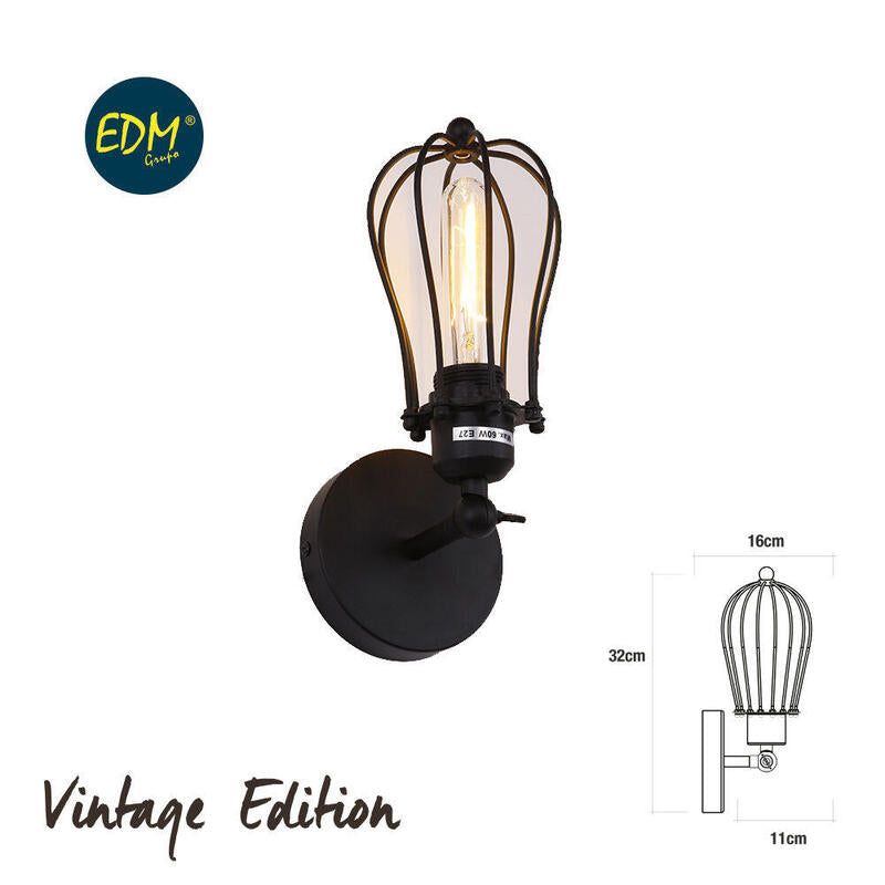 Aplique De Pared Metalico Vintage E27 60w Color Negro 11x16x32cm Edm