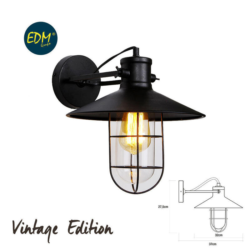 Aplique De Pared Metalico Vintage E27 60w Color Negro Ø32x37x27,5cm Edm