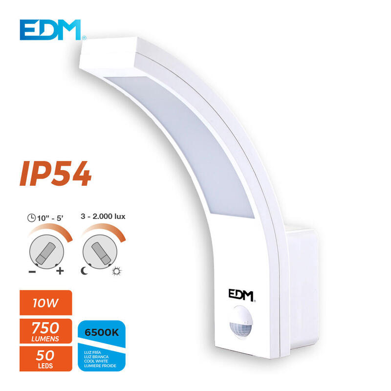 Aplique Exterior Led 10w 750lm 6400k Ip54 6,6x18,8x25cm Con Sensor De Movimiento Edm