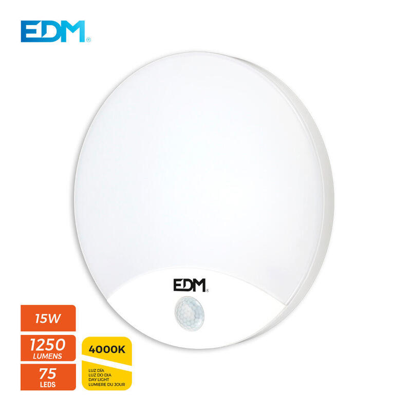 Aplique Redondo Exterior Led 13w 1850lm 4000k Ip54 Ø25x4,9cm Con Sensor De Movimiento Edm