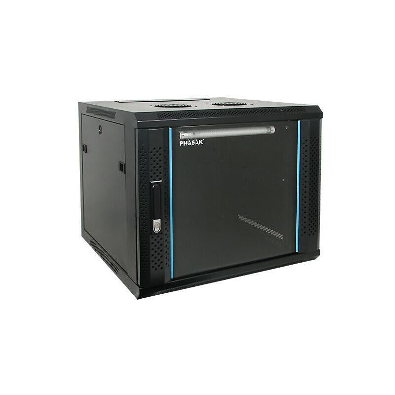 Armario Rack Mural Phasak Pro 12u Php 3112 600x600 Negro+Ventilacion+Iluminacion+Cerradura Php 3112