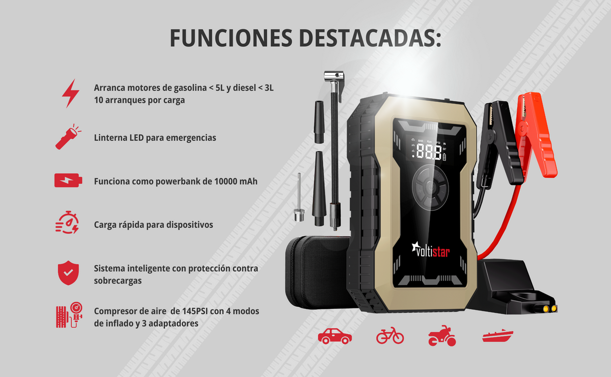 Arrancador De Bateria Con Compresor De Aire 10000Mah Inteligente Hasta 5L Gasolina Y 3L Diesel