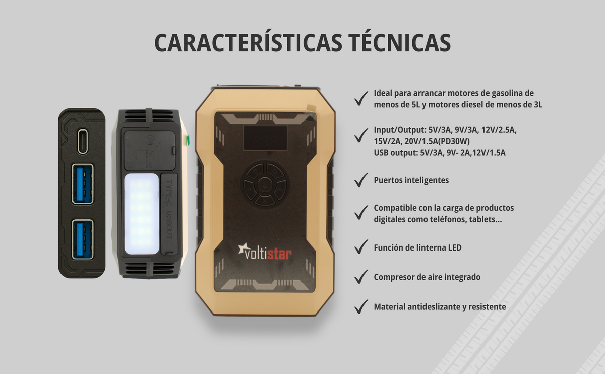 Arrancador De Bateria Con Compresor De Aire 10000Mah Inteligente Hasta 5L Gasolina Y 3L Diesel