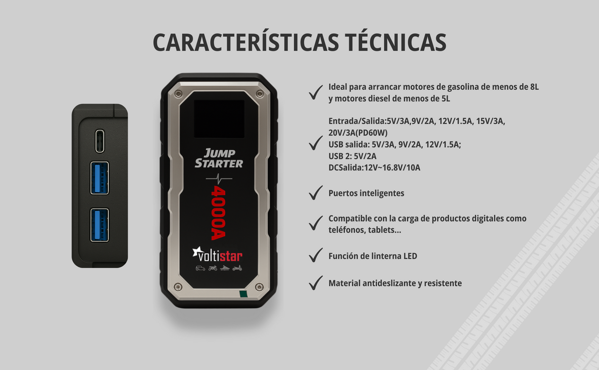 Arrancador De Coche 20000Mah Inteligente Hasta 8L Gasolina Y 5L Diesel