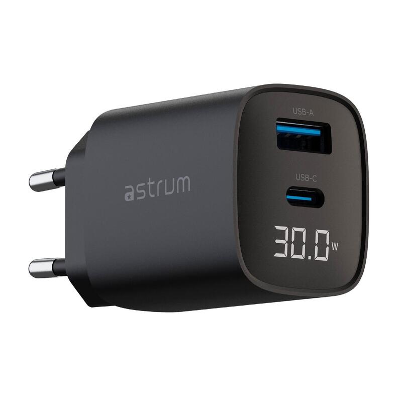 Astrum Watz30l Negro Adaptador De Corriente Con Pantalla Led Integrada 20w Usb-A + Usb-C Pd Gan