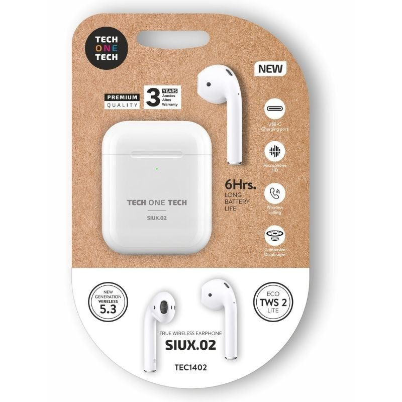Auriculares Bluetooth Tech One Tech Siux.2 Tec1402 Con Estuche De Carga Autonomía 6h Blancos