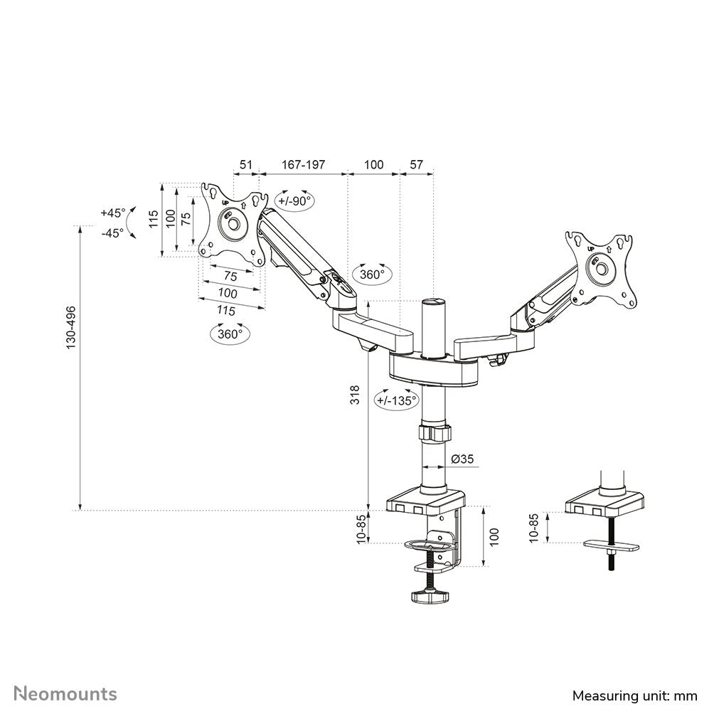Neomounts Soporte De Escritorio De Movimiento Completo Para 2 Pantallas De 17-27" 7kg Ds70-750bl2