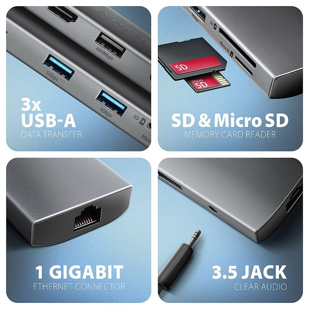 EAN 8595247907523 - Axagon HMC-8HLSA base para portátil y replicador de puertos Alámbrico USB 3.2 Gen 1 (3.1 Gen 1) Type-C Gr imagen 3