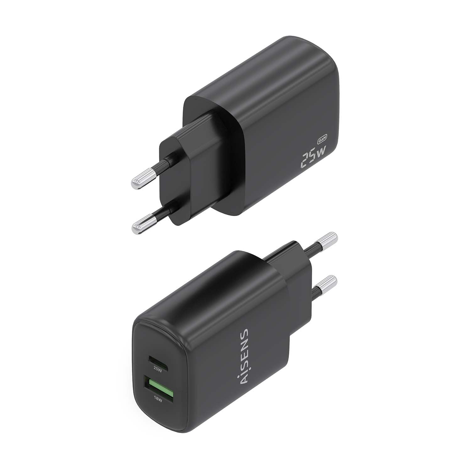 Aisens Cargador 25w, 1xusb-C Pd3.0, 1xusb-A Qc3.0, Negro