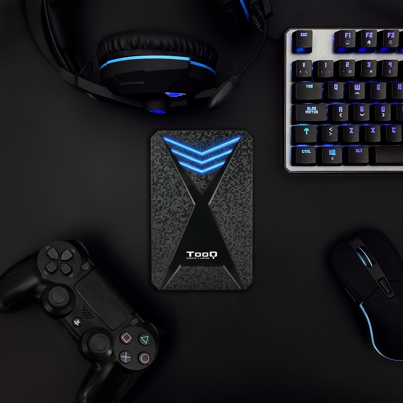 Tooq Carcasa Externa Gaming Hdd/Sdd 2.5" Hasta 9.5mm Sata Usb 3.0/3.1 Gen 1 - Iluminacion Led Azul - Sin Tornillos -