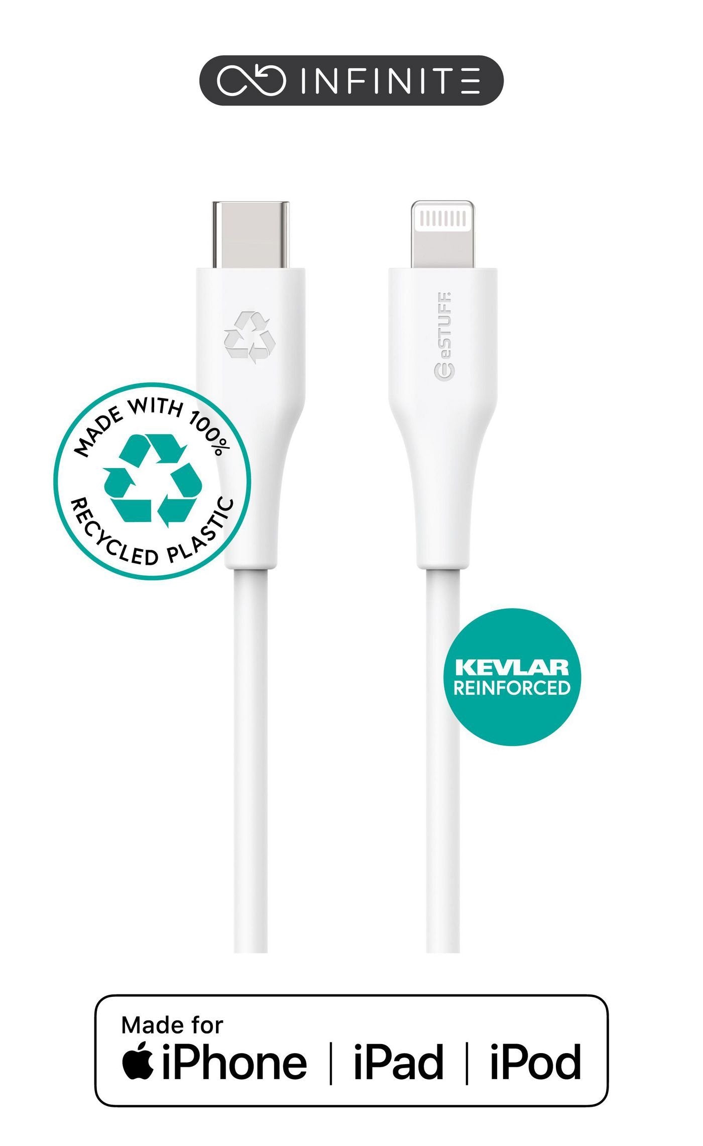 Infinite Usb-C To Lightning - Cable Mfi 2m White. Recycled - Plastic. Super Soft - Warranty: 60m