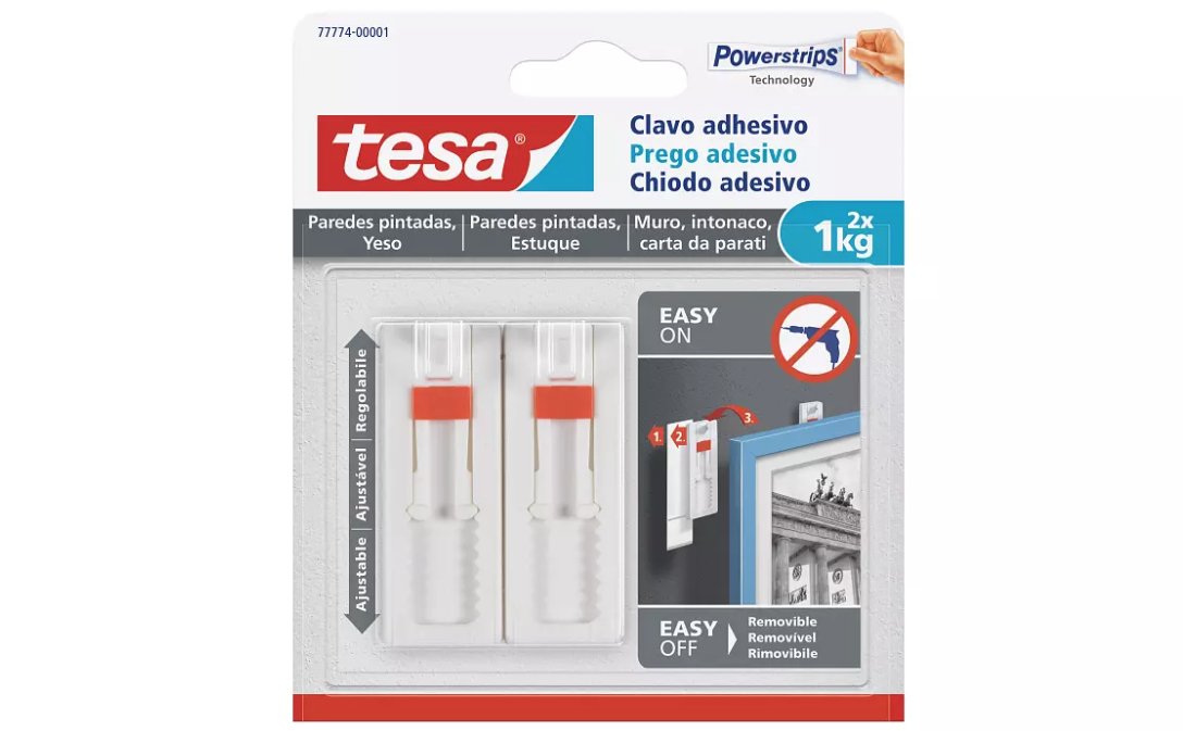Tesa Pack De 2 Clavo Adhesivo Ajustable Hasta 1kg Para Pared Lisa