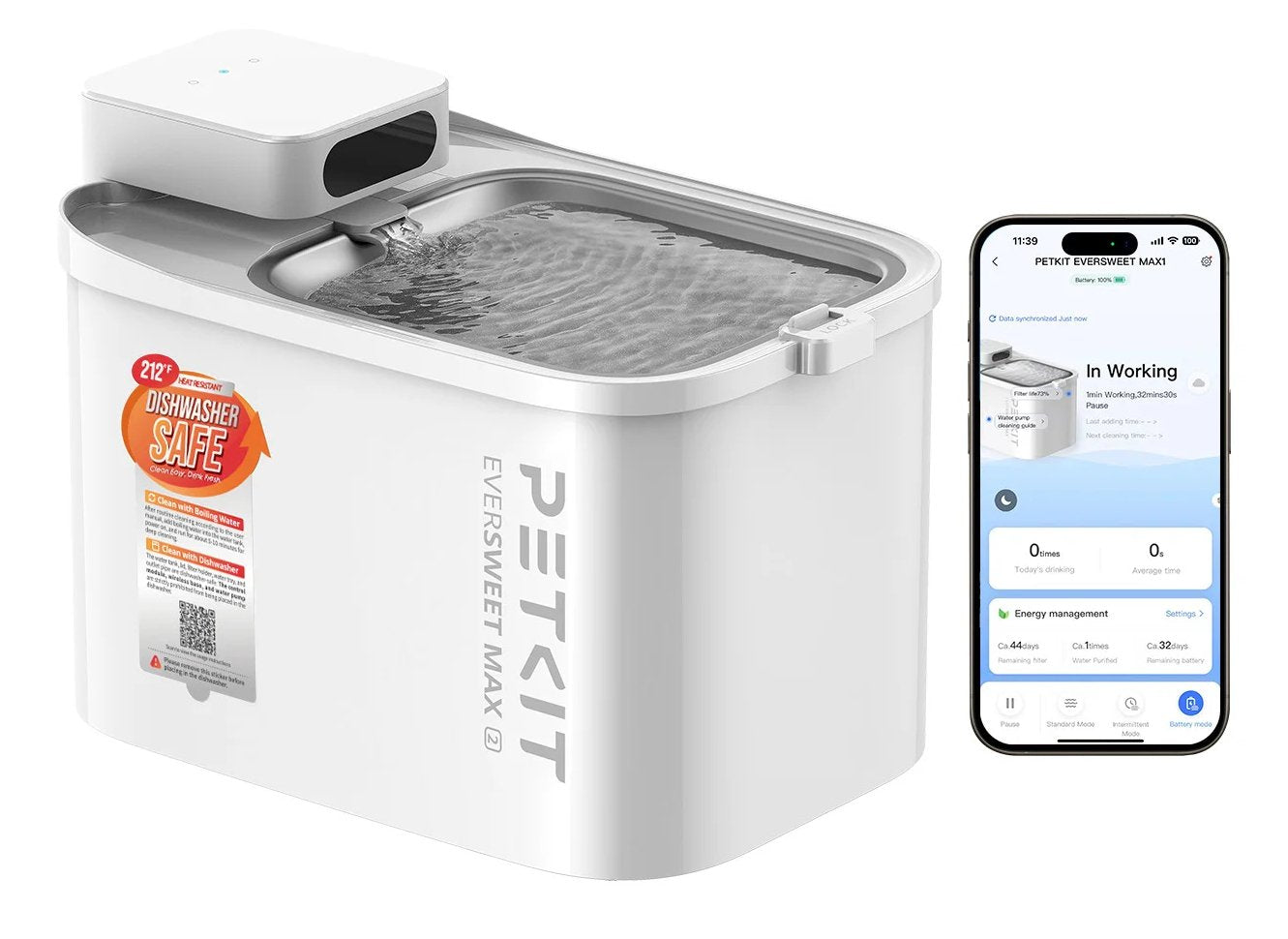 Petkit Eversweet Max2 Comedero Y Bebedero Para Perro Y Gato Acrilonitrilo Butadieno Estireno (Abs) Blanco Universal Bebedero Automático Para Mascotas