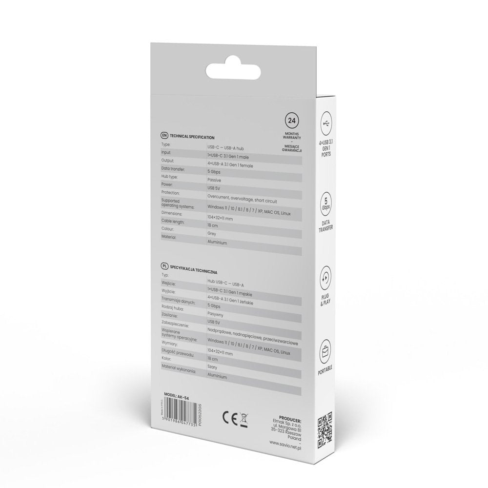 EAN 5901986047735 - Savio Hub USB-C - 4 x USB-A AK-54 USB 3.2 Gen 1 (3.1 Gen 1) Type-A 1000 Mbit/s Negro imagen 8