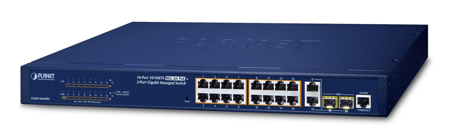 EAN 4711605280129 - PLANET FGSW-1816HPS switch Gestionado L2 Fast Ethernet (10/100) Energía sobre Ethernet (PoE) Azul imagen 1