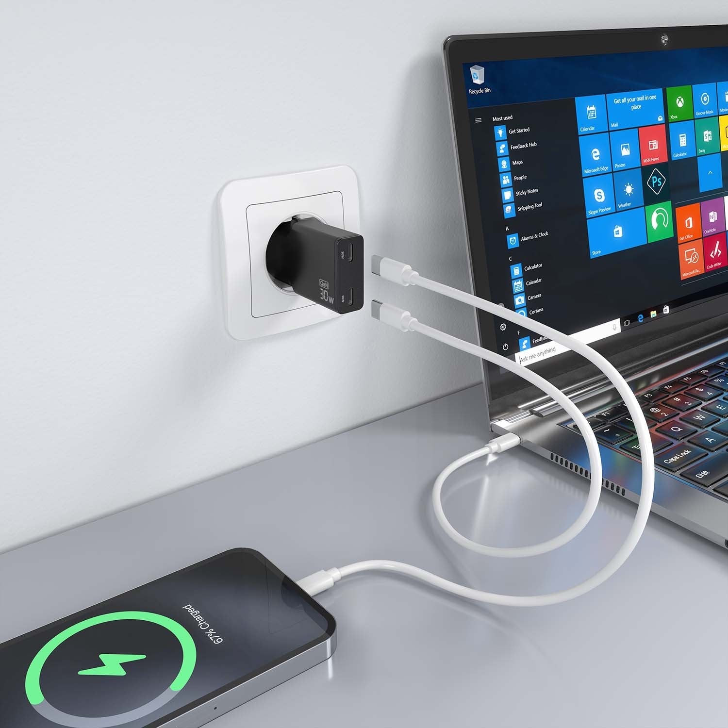 Aisens Cargador Gan Ultra Delgado 30w, 2xusb-C Pd3.0 Qc4.0, Negro