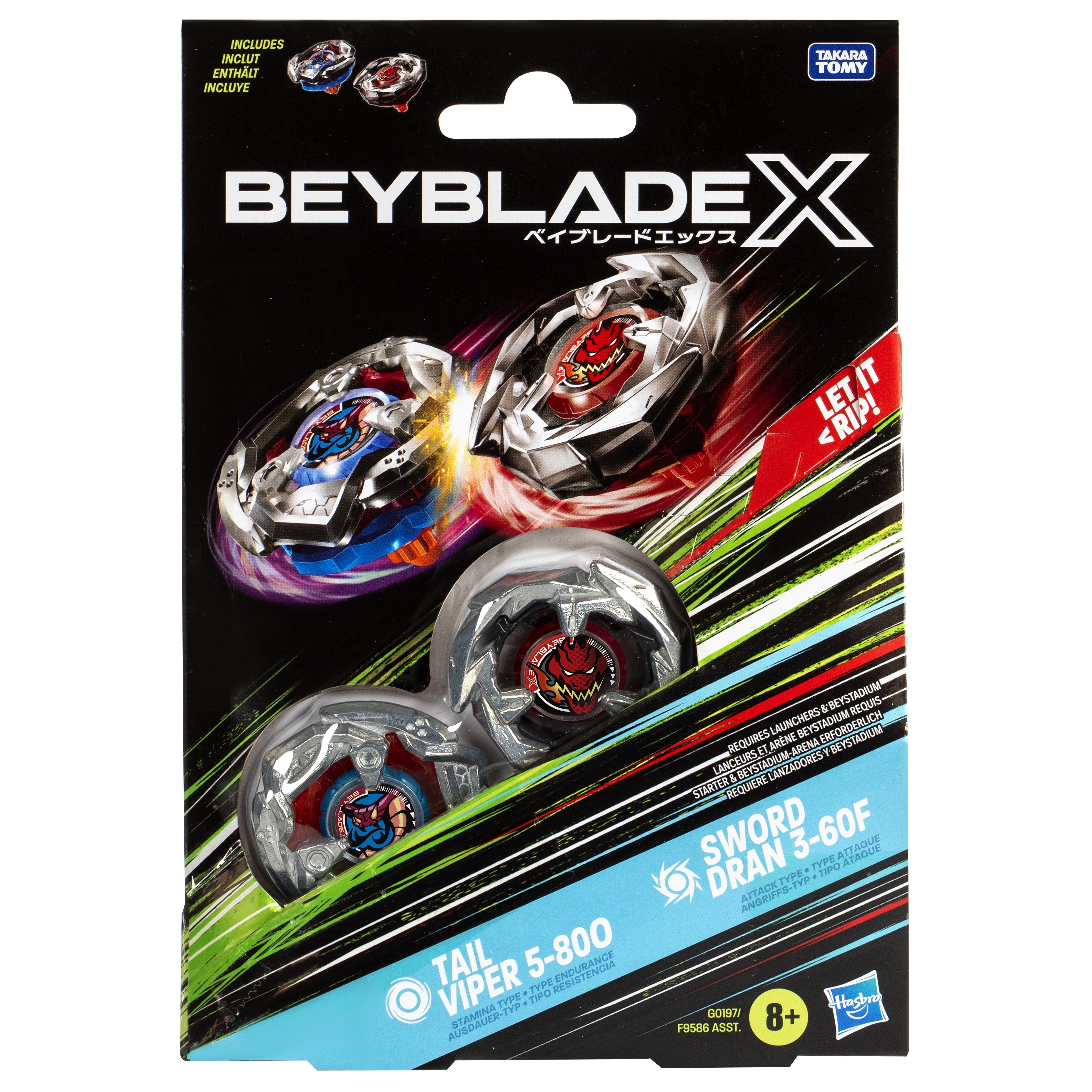 Hasbro Beyblade X Tail Viper 5-80o Y Sword Dran 3-60f Pack Doble Peonza, Juego De Habilidad G0197es0