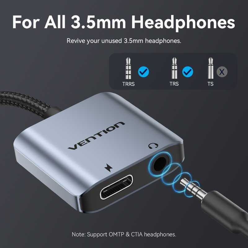Adaptador Audio Vention Bigha Usb Tipo-C Macho Jack 3.5 Hembra Usb Tipo-C Pd Hembra Gris