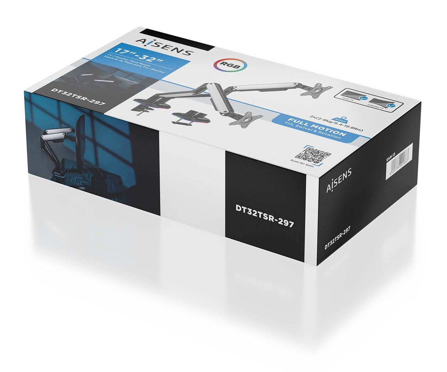 Aisens Soporte De Mesa Rgb Gaming Contrapeso Giratorio E Inclinable Para Monitor/Tv 9kg (3 Pivotes, 2 Brazos) De 17-32, Negro-Blanco