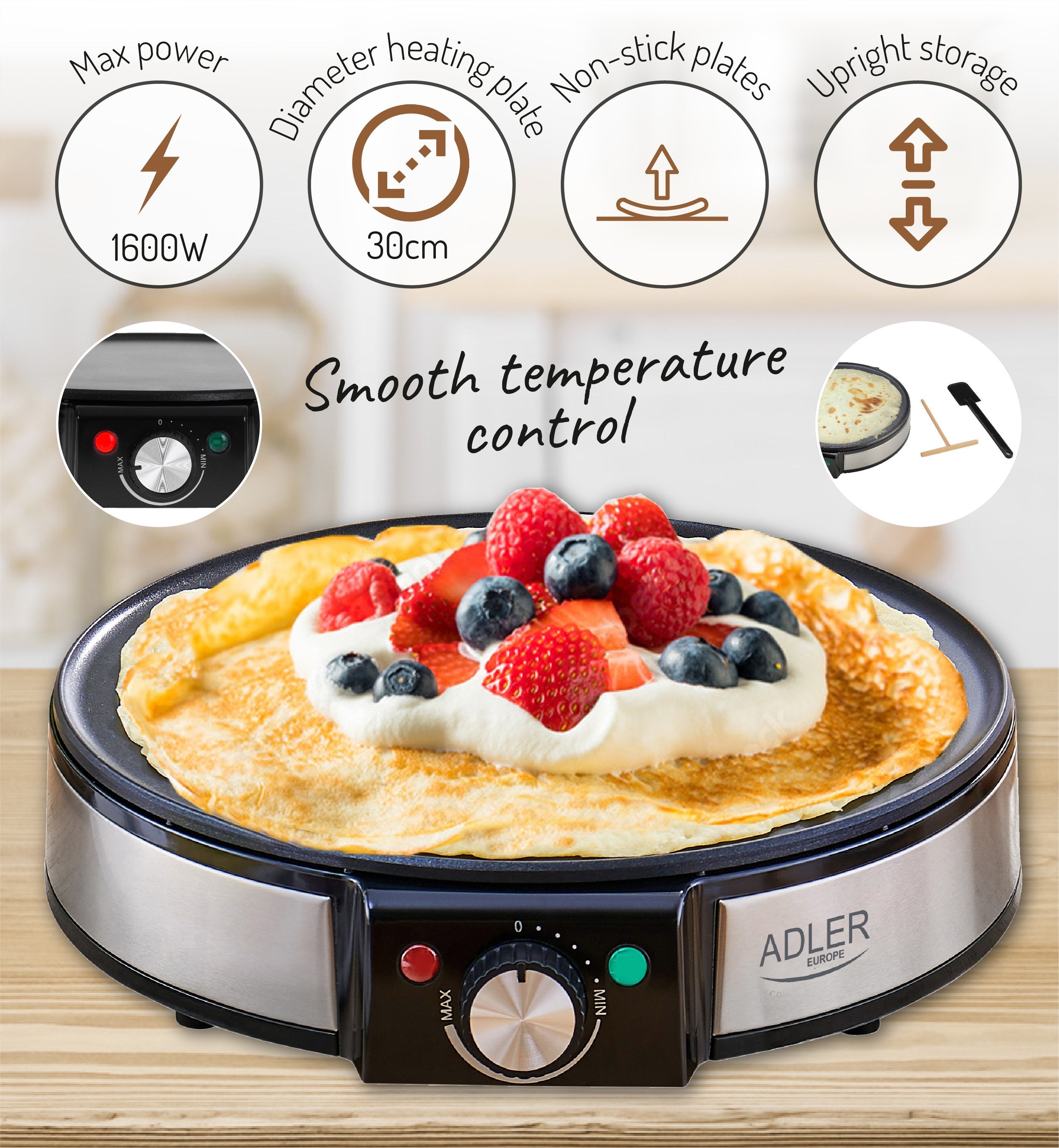 Adler Ad 3058 Crepe Maker, 1600 W, 30 Cm, Stainless Steel Black