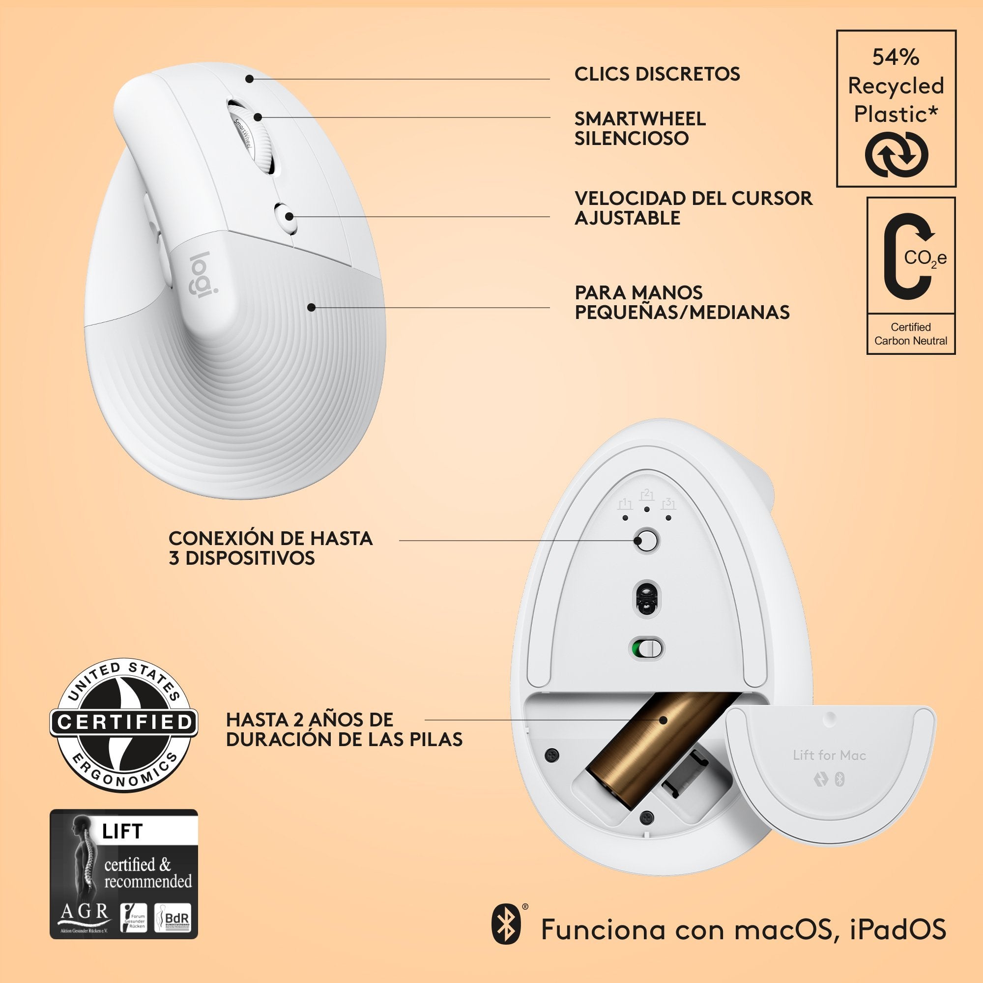 Logitech Lift For Mac Ratón Rf Wireless + Bluetooth Óptico 4000 Dpi