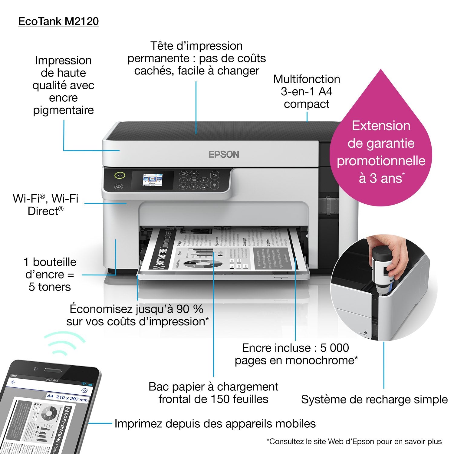 Impresora Epson Ecotank Mono M2120, 3 En 1, A4, 1200 X 2400 Ppp, 32 Ppm, Usb, Wi-Fi, 3 Aã±Os De Garantia Despues Del Registro.