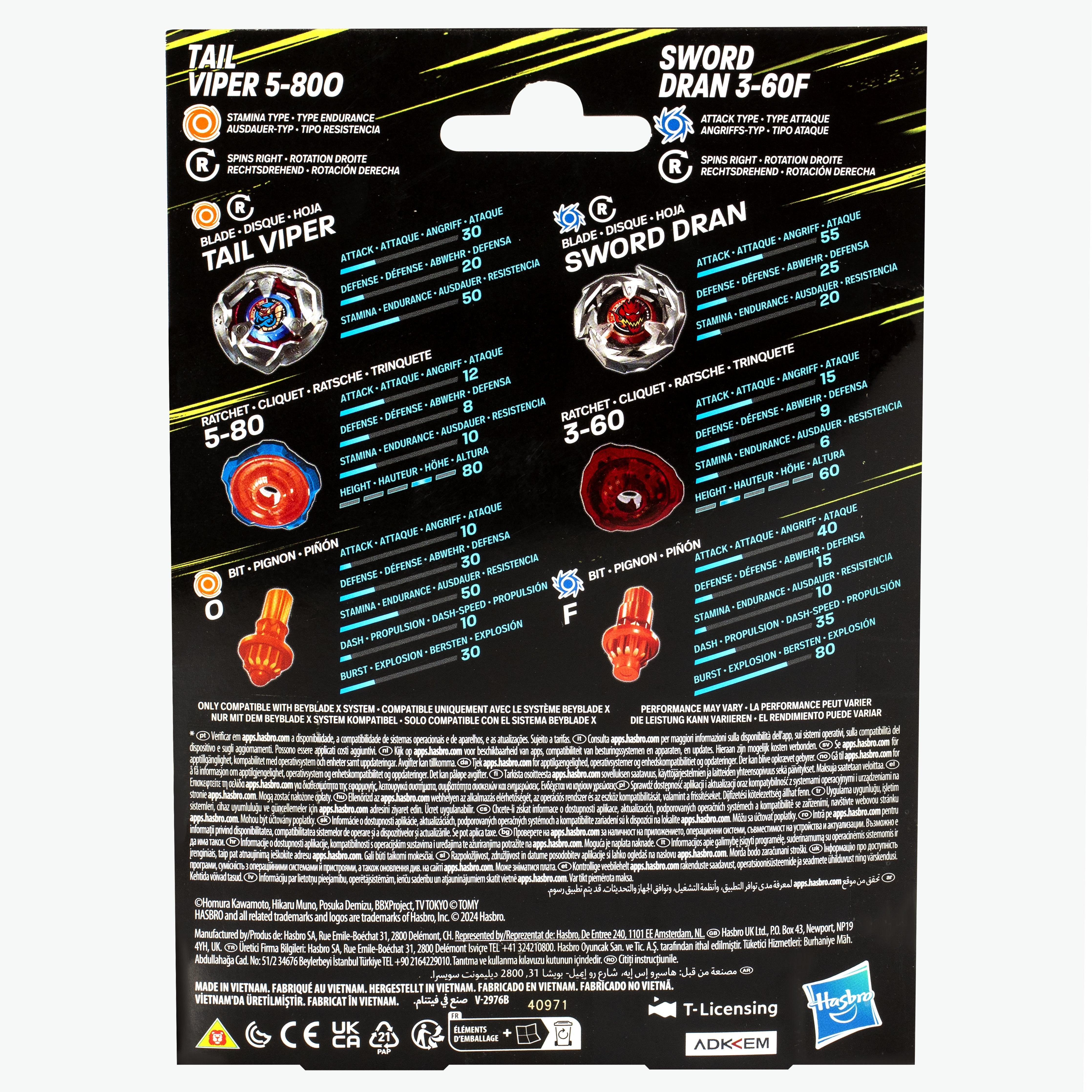 Hasbro Beyblade X Tail Viper 5-80o Y Sword Dran 3-60f Pack Doble Peonza, Juego De Habilidad G0197es0