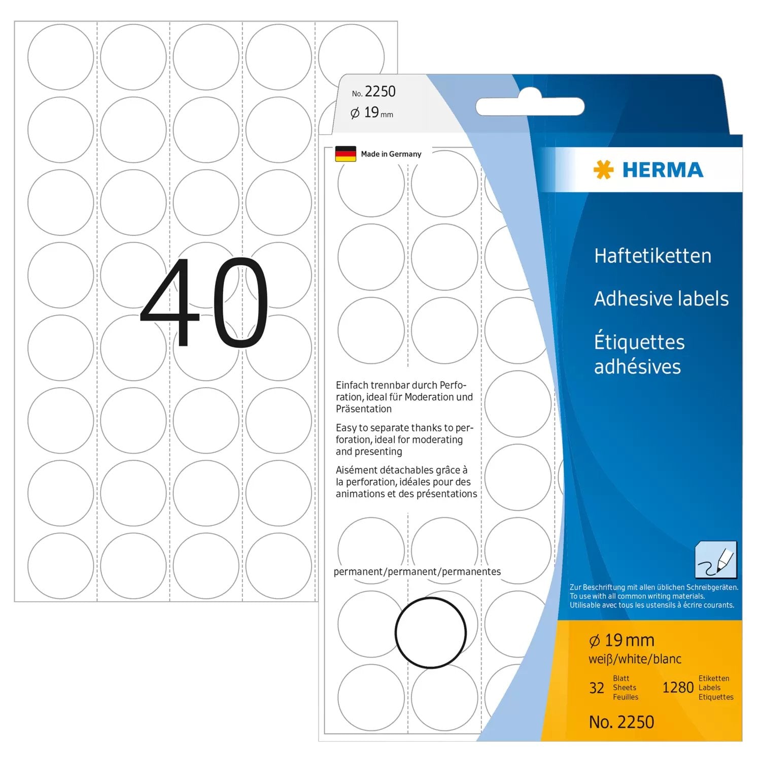 EAN 4008705022507 - HERMA 2250 etiqueta autoadhesiva Círculo Blanco 1280 pieza(s) imagen 1