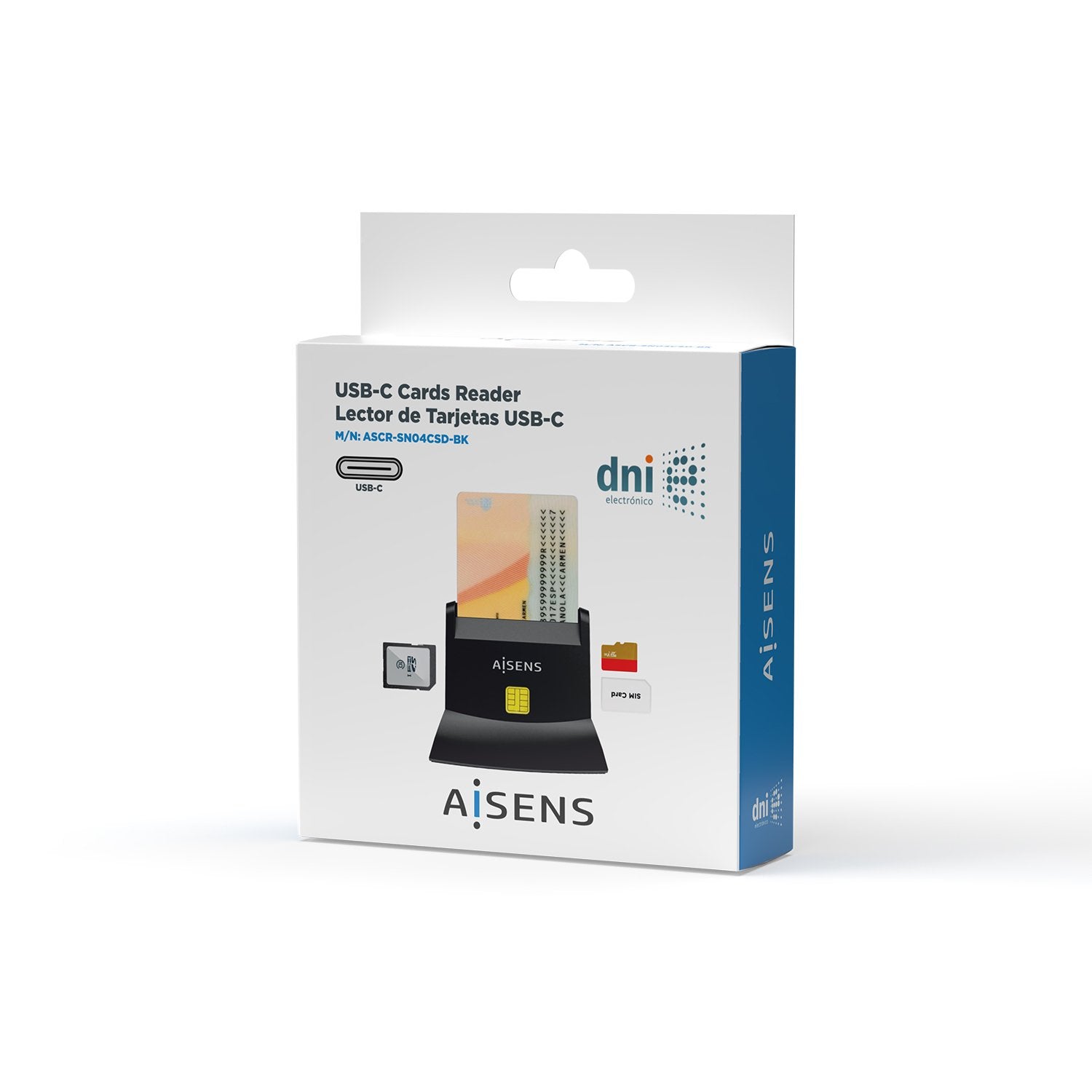Aisens Lector De Tarjetas Inteligente Dni Con Lector Sim, Sd, Mirosd, Mmc, Rs-Mmc, Mmc Micro, Usb-C, Negro