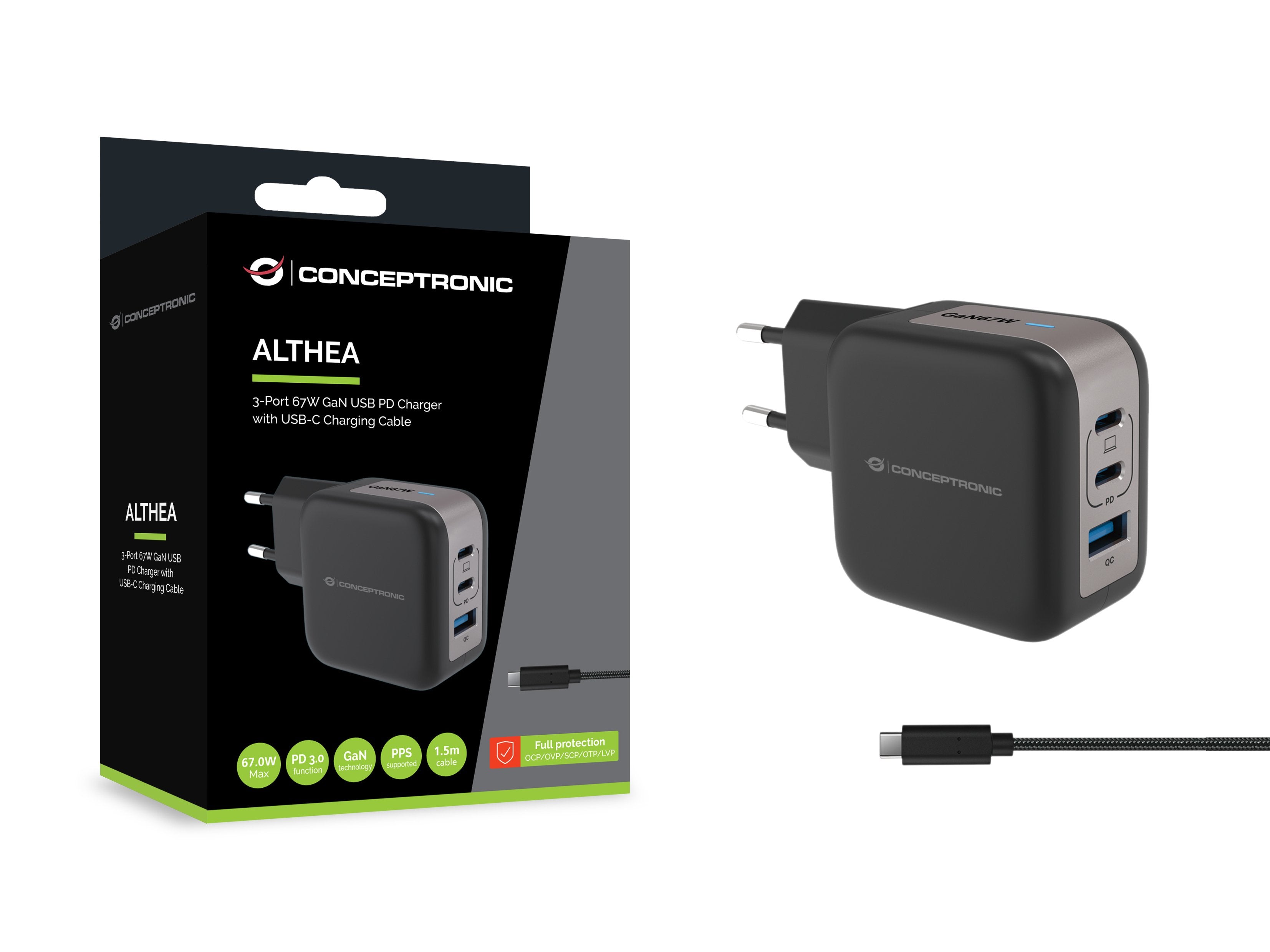 Conceptronic Cargador 3port 67w,2xusb-C,1xusb-A 1.5m Sw