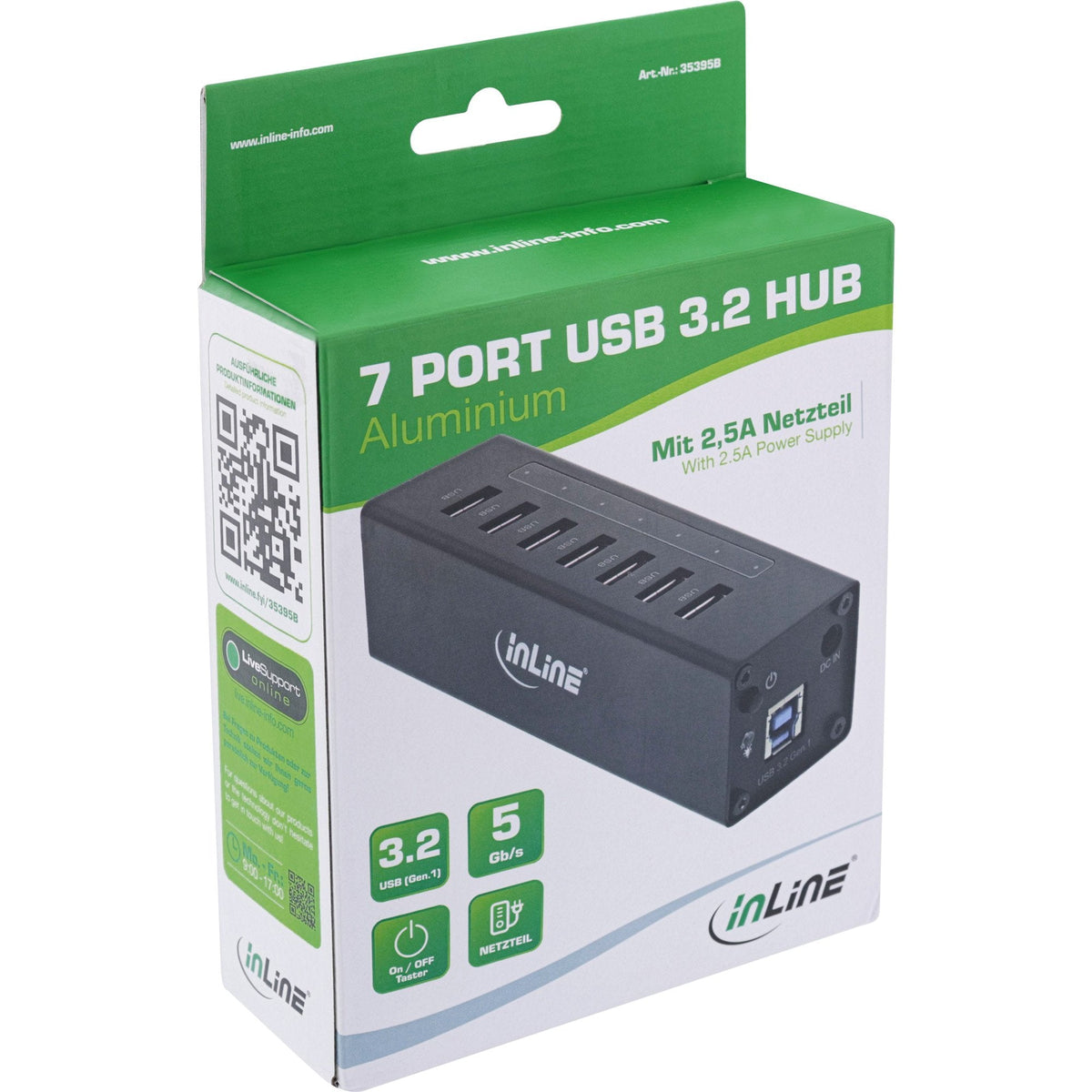 Inline Usb 3.2 Gen.1 Hub De 7 Puertos Caja De Aluminio Con Fuente De Alimentación De 2,5 A Negro