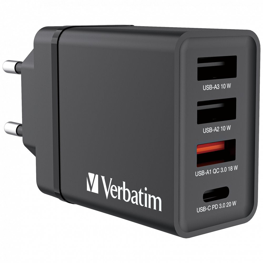 Verbatim Cargador Chr-30eu1, 30w, Gan, Negro 2x Usb-A, 1x Usb-A Qc, 1x Usb-C Pd