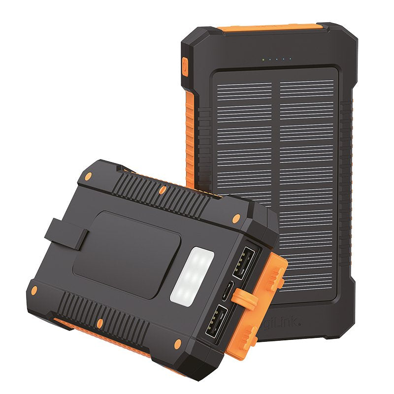 Bateria Externa Power Bank 6000 Solar 2 Puertos Usb-A De Control De Calidad Y 1 Puerto Usb-C Negro Naranja