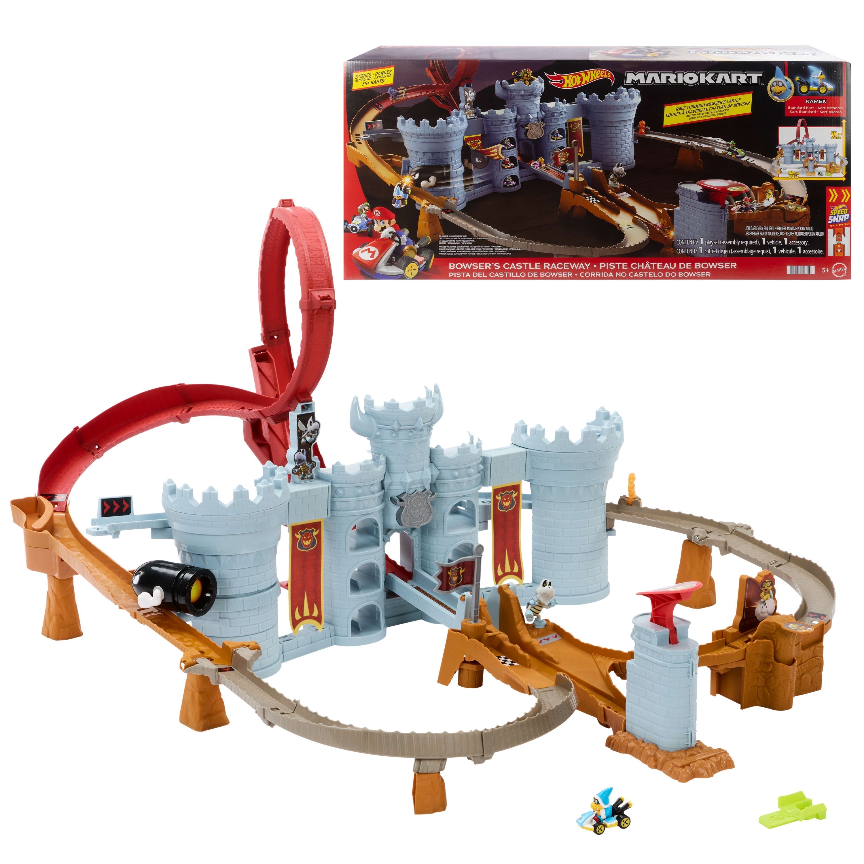 Hot Wheels Mario Kart Bowsers Fortress Trackset, Hipódromo Con Vehículo De Juguete De Kamek De Died Jhd24