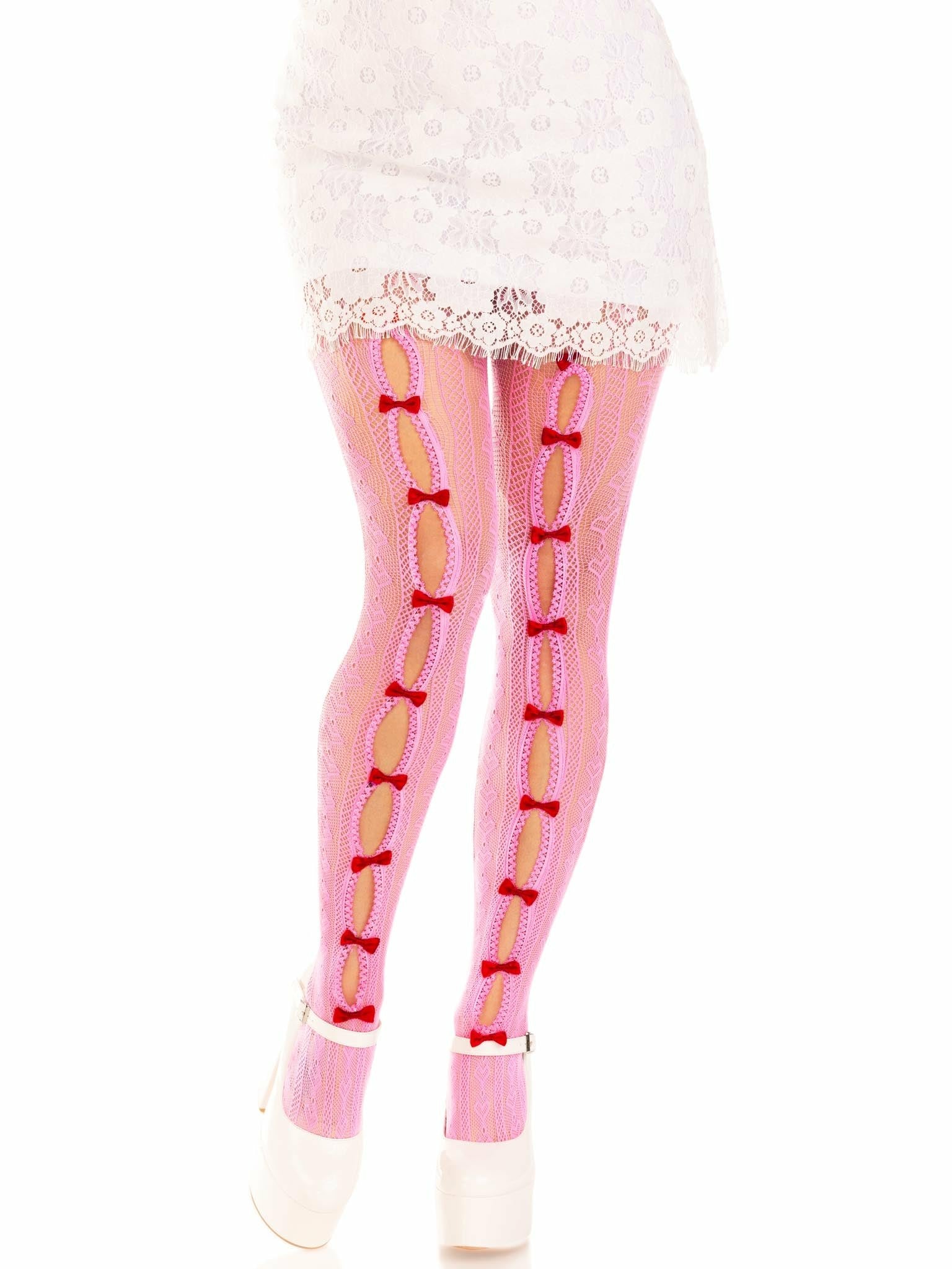 Leg Avenue - Medias Con Aberturas Corazon & Lazos Rosa