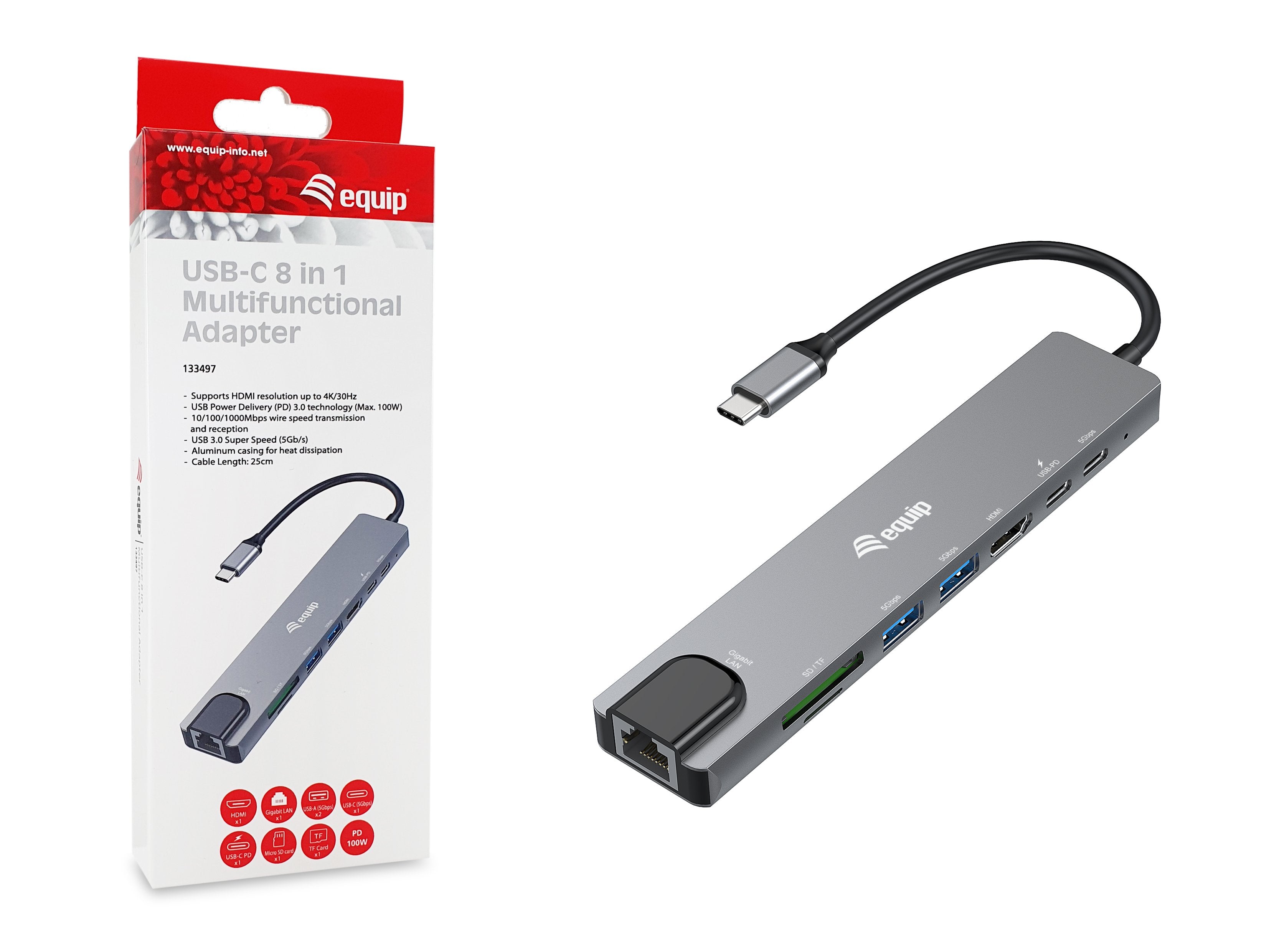 Equip Adaptador Usb-C - Hdmi,Gbe,3xusb3.2 Gen1,Sd Tf,Pd 100w