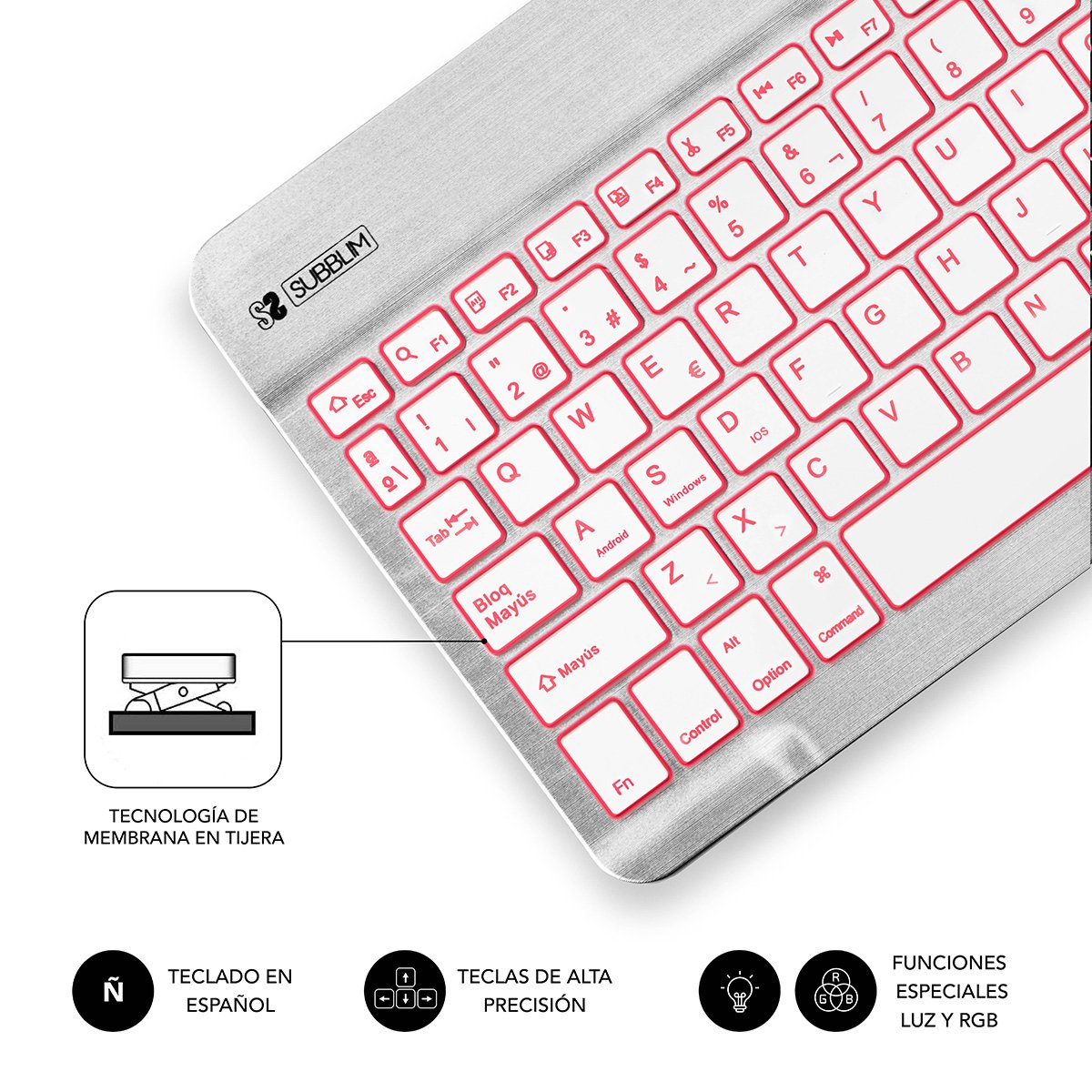 EAN 8436586740580 - SUBBLIM TECLADO SMART BACKLIT BLUETOOTH SILVER QWERTY Español Plata, Blanco imagen 4